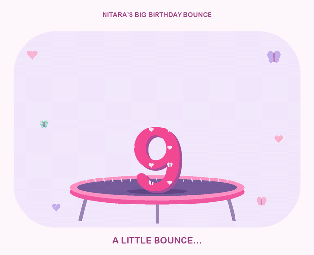 Nine bounces higher and higher on a pink trampoline, then returns as ten with colourful confetti.